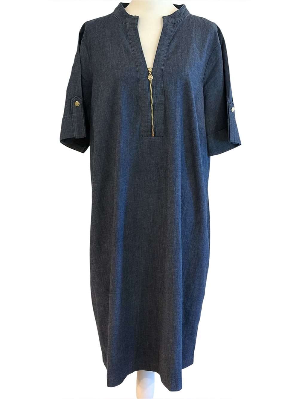 Anne Klein Denim-Style Zip Front Shift Dress in Dark Blue 1X NWOT